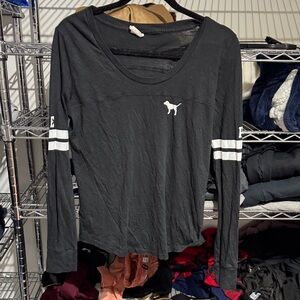 PINK Victoria's Secret Black Long Sleeve Tee with White Stripes